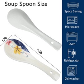 6 PCS Soup Spoons, Ceramic Small Spoon, Asian Soup Spoons Japanese Retro Style Table Dinner Spoons Creative Porcelain Little Spoon for Pho Cereal Wonton Dumpling Miso - Set of 6