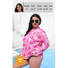 Halcurt Womens Plus Size Long Sleeve Rash Guard Swim Top with Built in Bra Loose Fit UPF50+ Sun Protection Swimsuit Red Floral 3X