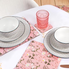 YöL 4 Pink Floral Placemats & 4 Coasters - Dining Table Surface Protection Food Drink Cork Backing Non-Slip Worktop Saver