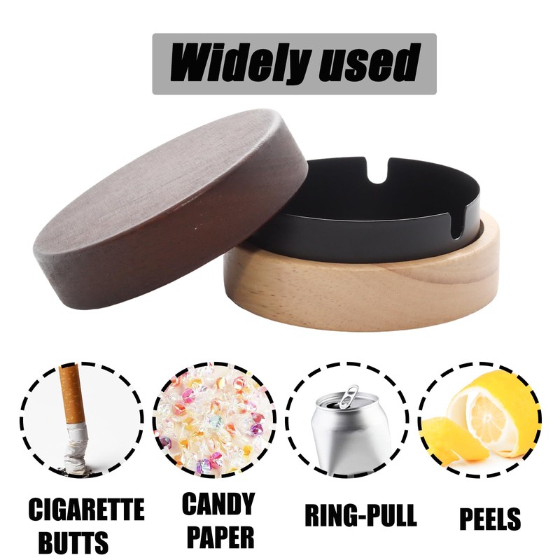 Wuyituart Round Ashtray with Lid Walnut Colored Solid Wood Metal