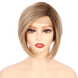 Onedor 8 Inch Angled Layers Lace Front Relaxed Straight Bob Wig - Dark Natural Blonde &Pale Golden Blonde &Dark Root