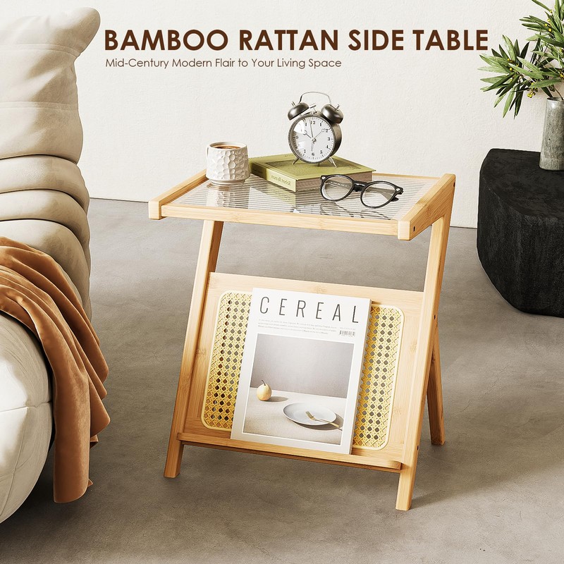 Bamworld Rattan Side Table Boho Night Stand Glass Bedside Small