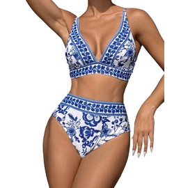 Floerns Women's 2 Piece Boho Floral Print V Neck Bra and High Waist Bottoms Bikini Set Blue and White Large