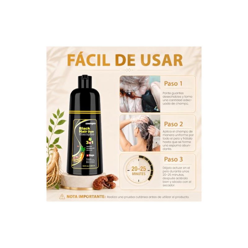 Black Hair Dye Shampoo 3 in 1, Shampoo Tinte Cubre
