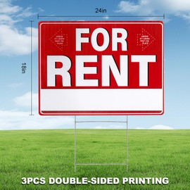 Decorniqu 3 Pack Large For Rent Signs with Stakes 18" x 24" Double-Sided Weather-Proof For Rent Sign with Pricing Stickers Arrow Stickers Corrugated Plastic Yard Signs with Metal Stakes