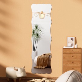 Doeean Wavy Full Length Mirror Shatterproof Acrylic Wall Mirror Tiles 47" x 14"(4 Pcs 12"x14"), Non-Glass Safety Body Mirrors for Baby Kids Playroom, Frameless Dorm Mirror Door Mirror Gym Mirror