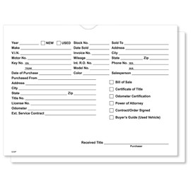 Printed Vehicle Deal Jackets Envelopes Folders for Auto Car Dealerships - 9x12 Size - Dealer Supplies - New and Used Cars - 100 Quantity (White)