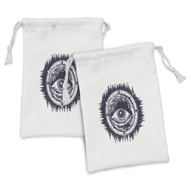 Ambesonne Compass Fabric Pouch Set of 2, All Seeing Eye Compass with Windorse Art Wild Nature Mountains Illustration, Small Drawstring Bag for Toiletries Masks and Favors, 9" x 6", Dark Blue White