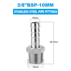 ERGAOBOY Pack of 10 304 Stainless Steel 10 mm OD Barb to 3/8 Inch BSP Male Hose Barb, Compression Fittings