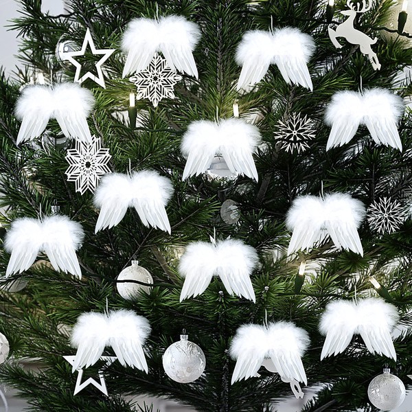 ELECLAND 12 Pcs White Feather Christmas Decorations Vintage Feather Christmas Ornaments Angel White Feather Wings Tree Decoration for DIY Craft