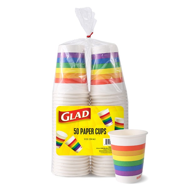 Glad Everyday Disposable Paper Cups with Rainbow Design | Heavy Duty Paper Cups, 12 Oz Paper Cups for All Beverages and Everyday Use | 12 Ounces, 50 Count