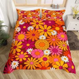Groovy 60s 70s Retro Hippie Flower Duvet Cover Set for Boys Teens Vintage Boho Plant Floral Duvet Cover Set for Boys Teens Double Bed Bedding Set Botanical Blossom
