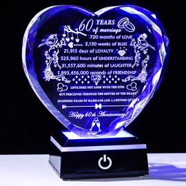 YWHL 60th Wedding Anniversary Heart Gift Ideas with Colofu LED Base Romantic 60th Wedding Anniversary Crystal Gifts for Couple 60 Years of Marriage Gifts for Grandparents Parents