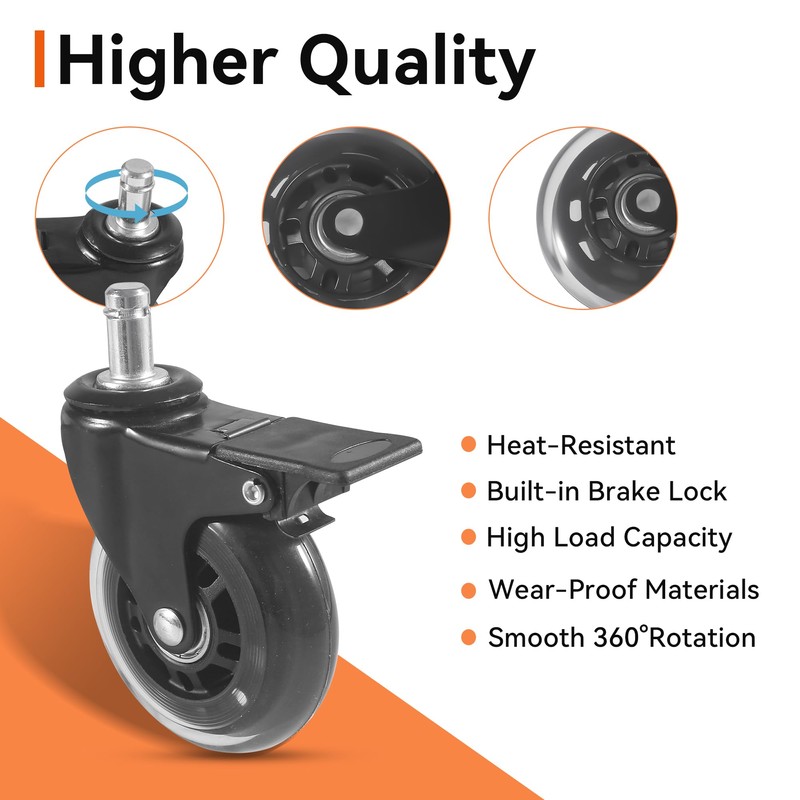 2-Pack HDW302 3" Swivel Caster Wheels with Brake – Rubber