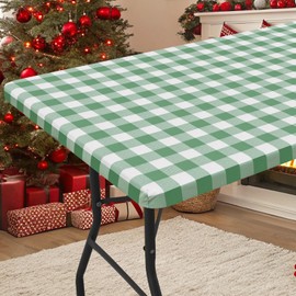Smiry Rectangle Picnic Table Cloth, Elastic Waterproof Fitted Vinyl Tablecloths, Flannel Backed Buffalo Plaid Table Covers for Dining, Camping, Outdoor (Sage Green and White, 24" x 48")