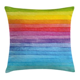 Proud Clothing Abstract Decor Throw Pillow Cushion Cover, Rainbow Colored Horizontal Striped Lines Bright Hand Drawn Artistic Cute Design, Decorative Square Accent Pillow Case, 18X18 Inches, Multi