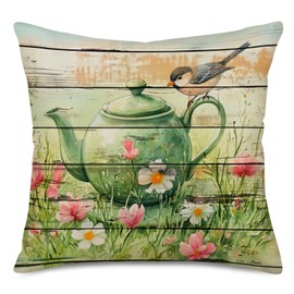 Royalours Retro Wood Pillow Covers Green Lawn Watercolor Flowers Throw Pillow Cushion Covers 18x18 Inch Summer Bird Kettle Pattern Linen Pillow Case for Farmhouse Patio Living Room