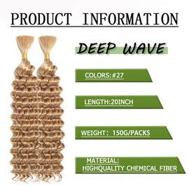 Deep Wave Bulk hair for Braiding Wet and Wavy Micro Braiding Hair No Weft Faux Deep Wave Braiding Hair Extensions for Box Boho Braids 150g with 2Bundles #27 (22Inch)
