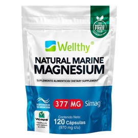 Wellthy Magnesio Marino Natural 120 Cápsulas. Alta Bio Disponibilidad y Absorción, con SIMAG Magnesio Marino Francés del Mar Mediterraneo Sólo Se Necesita 1 Cápsula al día, 377mg. VCaps Cápsulas Veganas, Bottle Free.