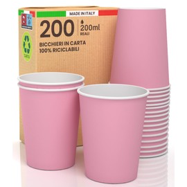 200 Paper Cups 200ml Eco Friendly Biodegradable Disposable Cups Made in Italy Sports Colourful Drinks Pink - Made and Packed in Italy