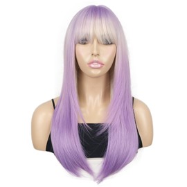 Onemily 20 Inch/50 cm Long Layered With Bangs Straight Synthetic fiber Shoulder Length Hair for Daily Use or Party Wig (Purple)