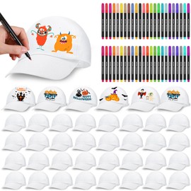 Funnysoft White Baseball Caps with 24 Color Fabric Markers Blank DIY Adjustable White Hats for Kids Painting(32 Pieces)