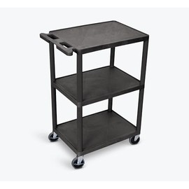 FSE Luxor 373-HE42-B Utility Cart - 3 Shelves, Heavy-Duty Plastic, 24" W x 18" D x 43" H, 400 lb Capacity, Rolling with Handle & Locking Casters, Scratch-Resistant, Made in USA