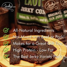 Jerky.com's Classic Exotic Jerky Variety Sampler Pack - Jerky Variety Pack with 4 Types of Jerky - Buffalo, Wild Boar, Venison Jerky, and Elk Jerky - Exotic snacks, High-protein, All-Natural, Keto Diet, No Added Preservatives (4 oz)