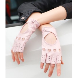 NappaNovum Women Classic Fingerless Nappa Leather Driving Gloves Lambskin Fitness Outdoor Unlined Gloves (M, Pink)