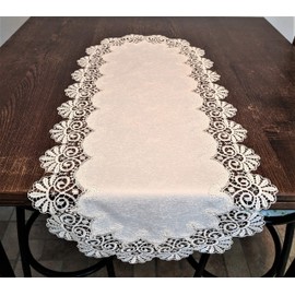Doily Boutique Table Runner or Dresser Scarf in Bleached White Fancy Lace and Fabric Size 48 x 15 inches