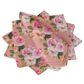 S4Sassy Pink Stripe & Ranunculus Floral Cotton Napkin Printed Everyday Basic Washable Table Linen 18 x 18(Pack of 6)