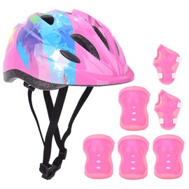Oumefar 7pcs Kids Bike Helmet Set Knee Pads, Kids Skating Bike Protective Gear Set Safety Helmet Knee Elbow Wrist Pad for 3~10yrs Boys Girls (Pink Flower)