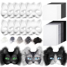 Seenelling 33 Pcs DIY Therian Mask Kit Blank Cat Mask with Felt Fabric Sheet Plush Faux Fur Eye Mesh for Therian Gear Stuff (Black Series)