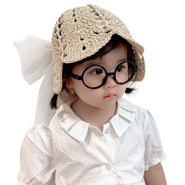 SIQITECH Summer Straw Hat, Baby Straw Hat, Girls, 2-4 Years Old, Large, Lace, Bowknot Included, Straw Cap, Sunshade, UV Protection Hat, Wide Brim, Foldable, Beach Hat, Breathable, Lightweight, Outings