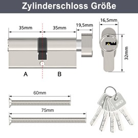 MANICAF Profile Cylinder, Lock Cylinder, Euro Cylinder Lock, Brass Zinc Alloy Door Drum Lock, 70 mm (35T/35) with 5 Keys
