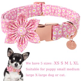 UP URARA PUP Summer Dog Collar with Flower, Cotton Cute Flower Dog Collar, Pink Flower Collar for Large Boy Girl Dog, Comfortable Blue Dog Collar with Metal Buckle, L, Neck 16-24in