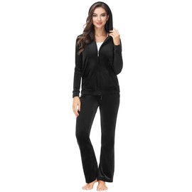 Women Velour Tracksuit 2 Piece Sweatsuit Set Velvet Jogging Track Suits with Pockets, Black, XX-Large