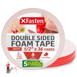 XFasten Double Sided Foam Tape for Crafts Card Making 1/2 inch x 36 Yards 5-Pack 540ft Total Foam Tape Craft Double Sided Foam Tape Heavy Duty Double Sided Foam Mounting Tape Double Sided