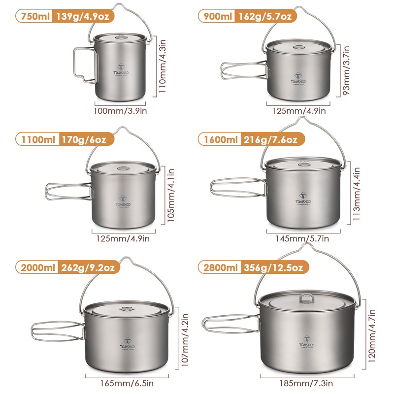 TOMSHOO Titanium Pot 750ml/900ml/1100ml/1600ml/2000ml/2800ml Ultralight Hanging Pot with Lid and