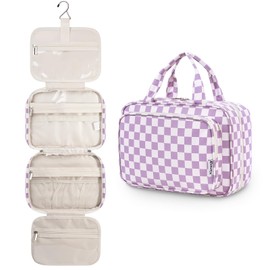 Narwey Checkered Hanging Travel Toiletry Bag for Women Wash Bag Cosmetics Makeup Bag Organizer for Travel Size Accessories (Checkerboard Purple (Medium))