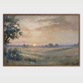 XASUBH Vintage Country Sunset Wall Art - Soft Watercolor Landscape Painting, Unframed Autumn Decor with Warm Tones for Living Room & Bedroom 16"x24" Inch