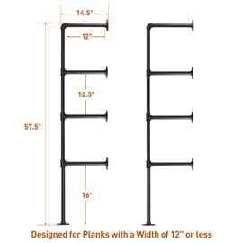 HITOMEN Industrial Iron Pipe Shelves, 2 Set 4-Tier 57.5" Tall 12" Depth, DIY Open Bookshelf Bookcase, Wall Mounted Vintage Retro Shelving, Rustic Farmhouse Pantry Kitchen Storage, Black Shelf Brackets