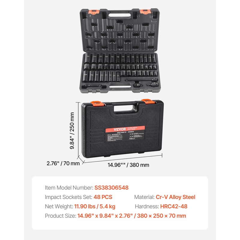 VEVOR Impact Socket Set 3/8" Drive, 48-Piece Standard SAE (5/16