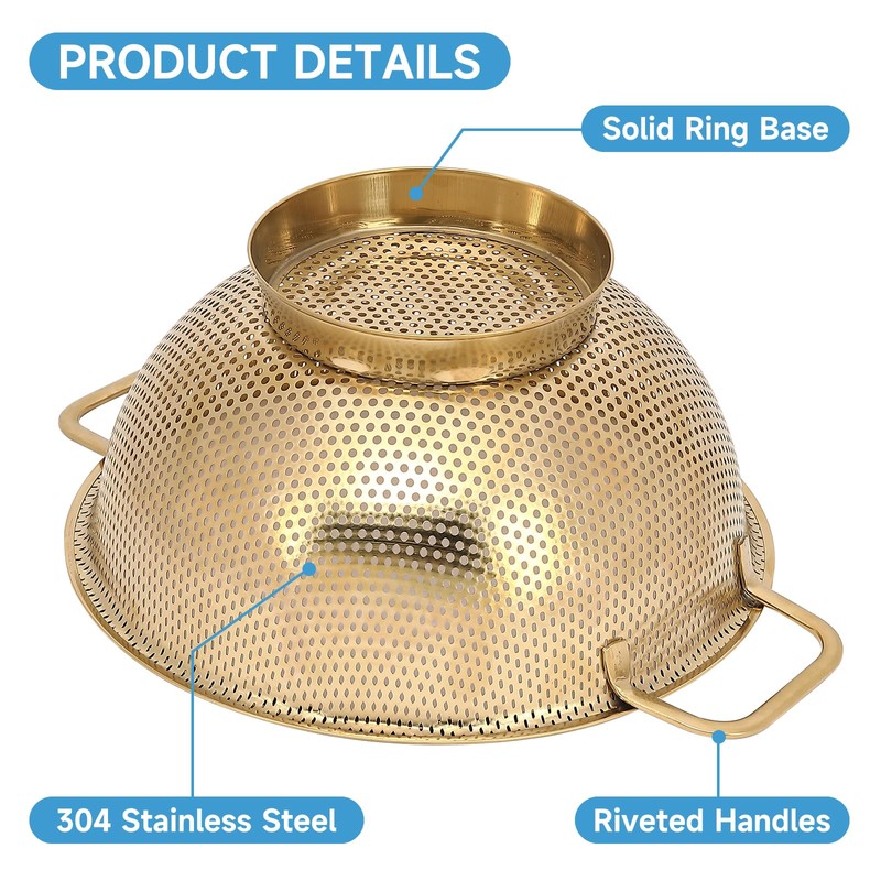 Gold Strainer for Kitchen, 3QT, Stainless Steel Colander with Handle