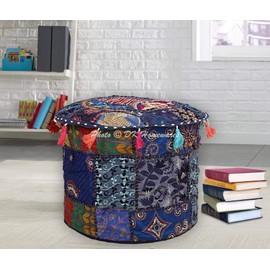 DK Homewares Traditional Round Puff Cover Blue Patchwork Embroidered Cotton Living Room Stool Puff Decorative Ottoman Footrest Seating Furniture | (18x18x13 Inches/45 cm) Cover Only