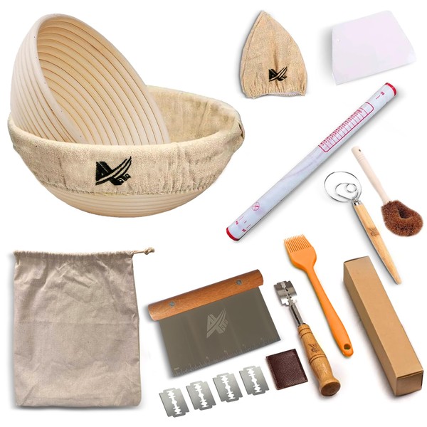 Aytiti Banneton Bread Proofing Set - 2 Rattan Baskets, 2 Basket Covers, Metal & Plastic Scrapers, Scoring Lame, 5 Blades & Case, Round Shape, Silicon & Wooden Long Brushes, Bread Bag, Silicon Mat