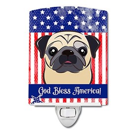 Caroline's Treasures BB2192CNL American Flag and Fawn Pug Ceramic Night Light Compact, UL-Certified, Ideal for Bedroom, Bathroom, Nursery, Hallway, Kitchen, 6x4x3, Multicolor