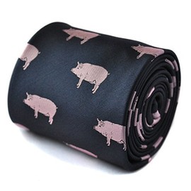 Frederick Thomas navy tie with pig embroidered design with signature floral design to the rear