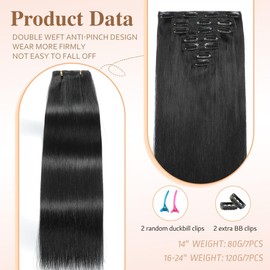 HotLulana Clip-In Real Hair Extensions, 120 g, 7 Pieces, 55 cm, Jet Black Clip Extensions, Real Hair, Invisible, 22 Inches, Remy Real Hair Extensions, Clip-In Extensions, Skin Weft, Natural Hair