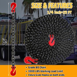 SENKEYFE 1/4" Tow Chain-G80 Log Chain with G70 Clevis Grab Hook for Towing|25FT Transport Safety Chain Wll 3300 Lbs|Heavy Duty Chain for Trailer Truck Tie Down Binding Equipment(Oiled Black)